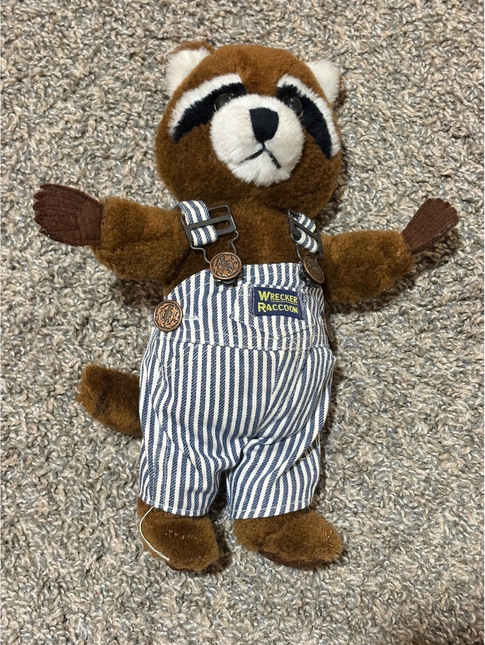 Vintage 1979 Wrecker Raccoon Plush Toy with Striped Overalls